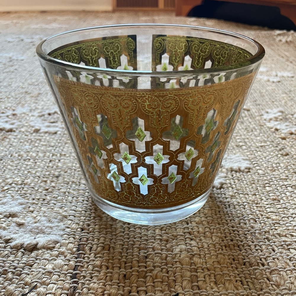 Vintage Culver Valencia 22K Gold Green Diamond Filigree Ice Bucket Mid Century